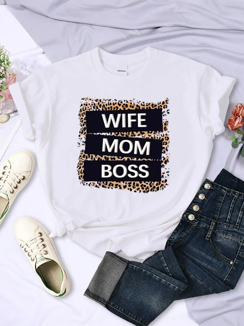 Wife Mom Boss Letter Leopard Prints Tees Soft