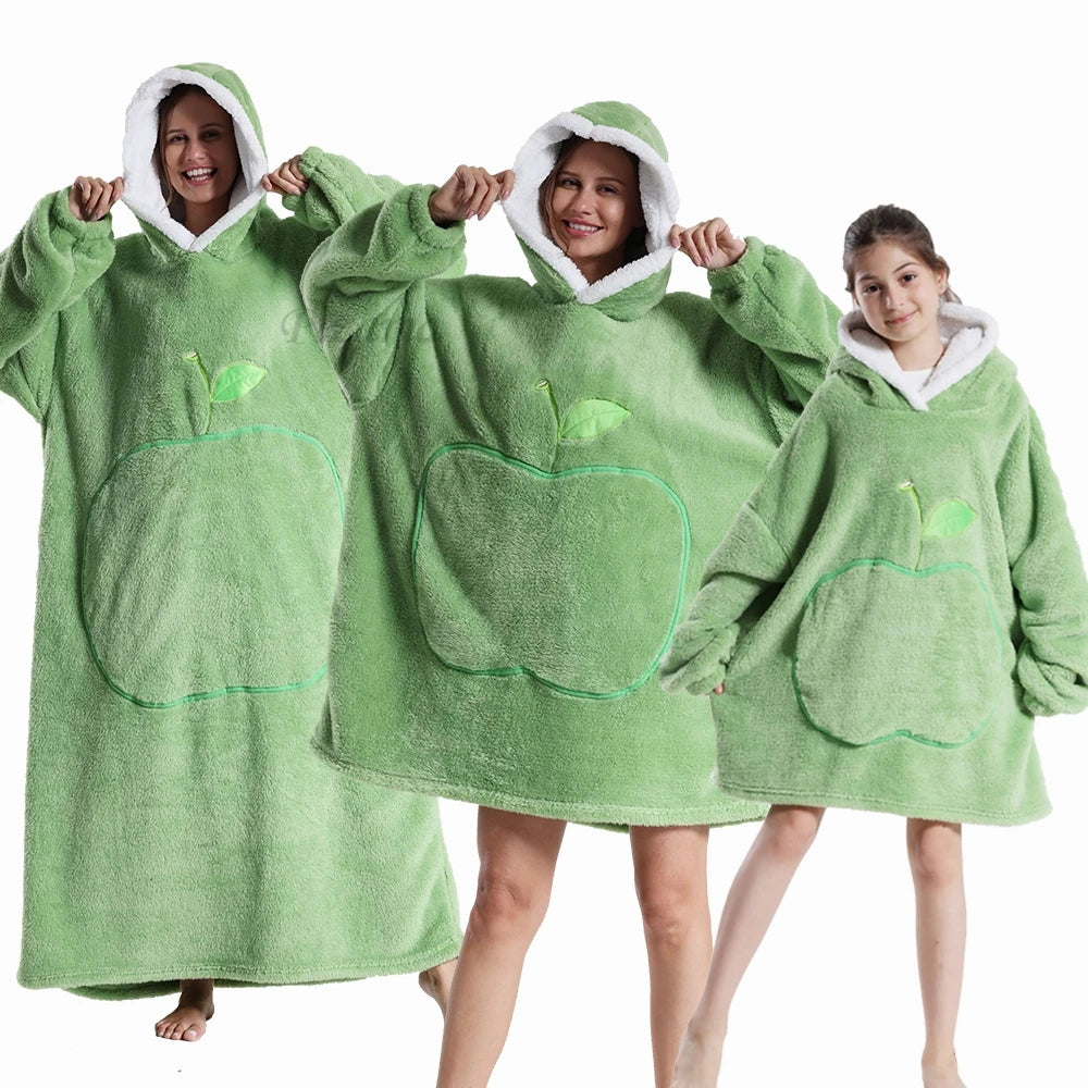 Warm Flannel Solid Apple Long Bathrobes with Oversized Hoodies