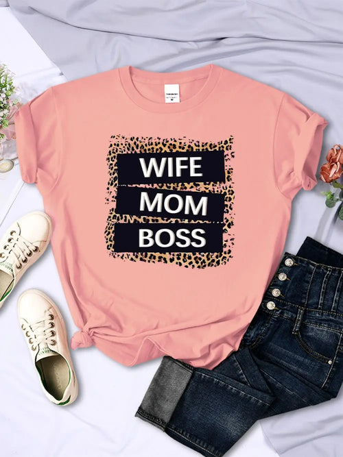 Wife Mom Boss Letter Leopard Prints Tees Soft