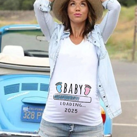 Baby Loading 2025 Print Pregnant T Shirt Maternity Short Sleeve