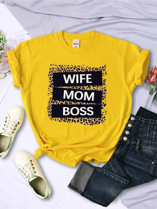 Wife Mom Boss Letter Leopard Prints Tees Soft