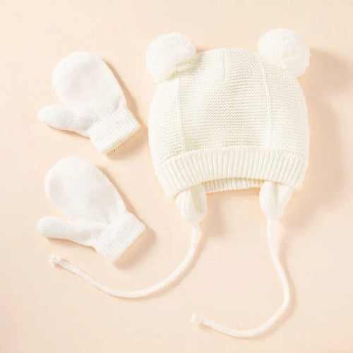 2Pcs Baby Knit Gloves Hat Set Solid Color Autumn Winter Ear Protection