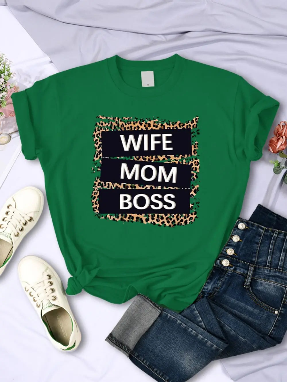 Wife Mom Boss Letter Leopard Prints Tees Soft
