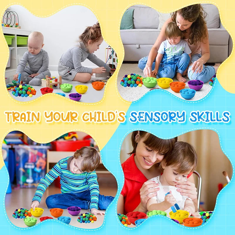 Children Counting and Sorting Toys Set Pompoms Rainbow Colors Plastic