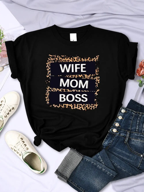 Wife Mom Boss Letter Leopard Prints Tees Soft
