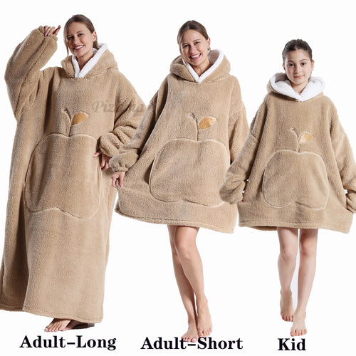 Warm Flannel Solid Apple Long Bathrobes with Oversized Hoodies