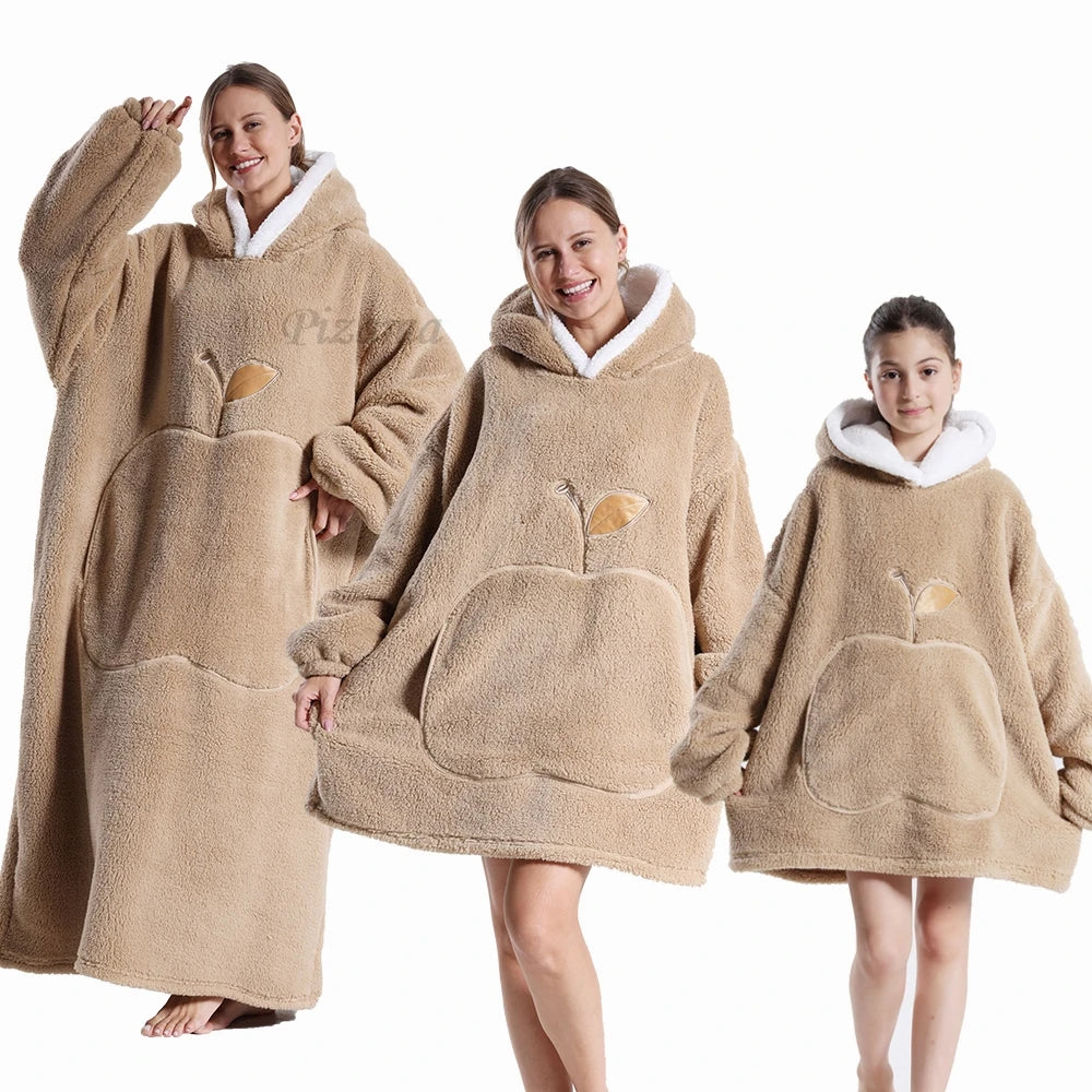 Warm Flannel Solid Apple Long Bathrobes with Oversized Hoodies