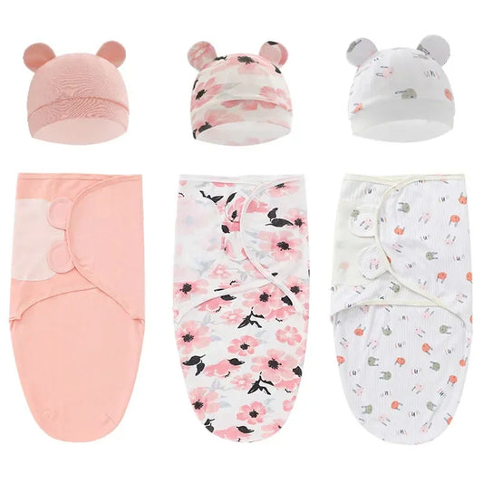 100% Organic Cotton Baby Swaddle Blanket Wrap Hat Set for Infant