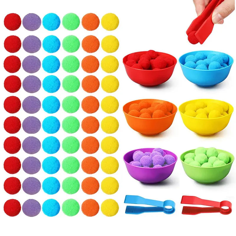 Children Counting and Sorting Toys Set Pompoms Rainbow Colors Plastic