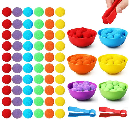 Children Counting and Sorting Toys Set Pompoms Rainbow Colors Plastic