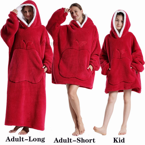Warm Flannel Solid Apple Long Bathrobes with Oversized Hoodies