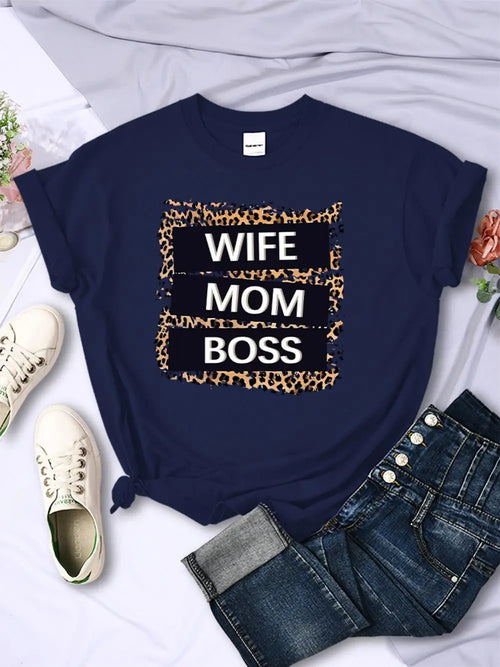 Wife Mom Boss Letter Leopard Prints Tees Soft
