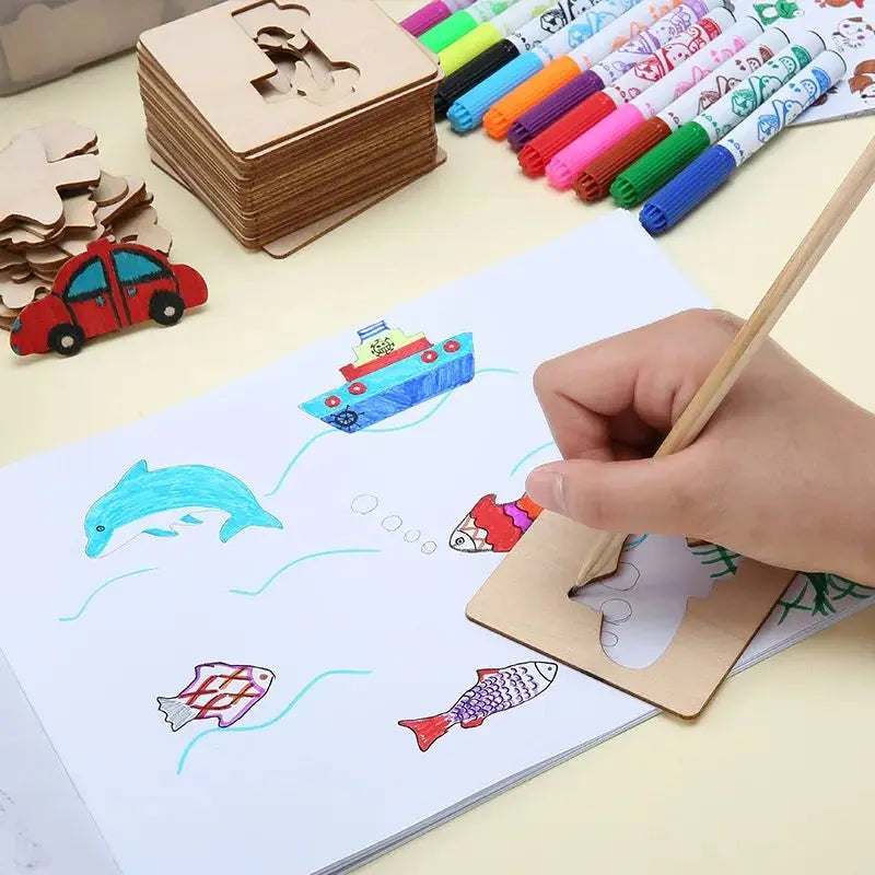 20pcs Montessori Kids Drawing Toys Wooden DIY Painting Stencils