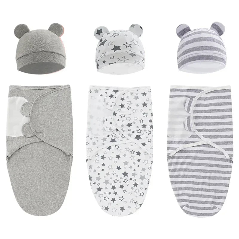 100% Organic Cotton Baby Swaddle Blanket Wrap Hat Set for Infant