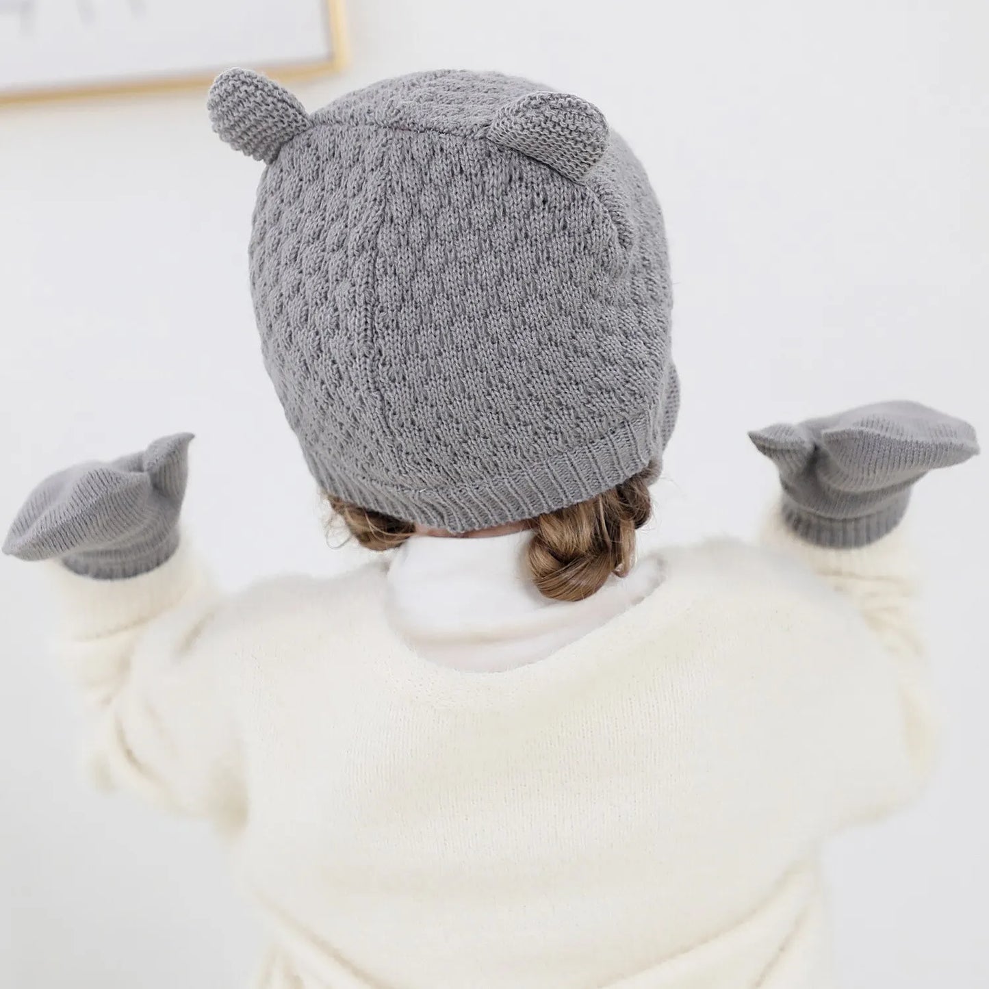 2Pcs Baby Knit Gloves Hat Set Solid Color Autumn Winter Ear Protection