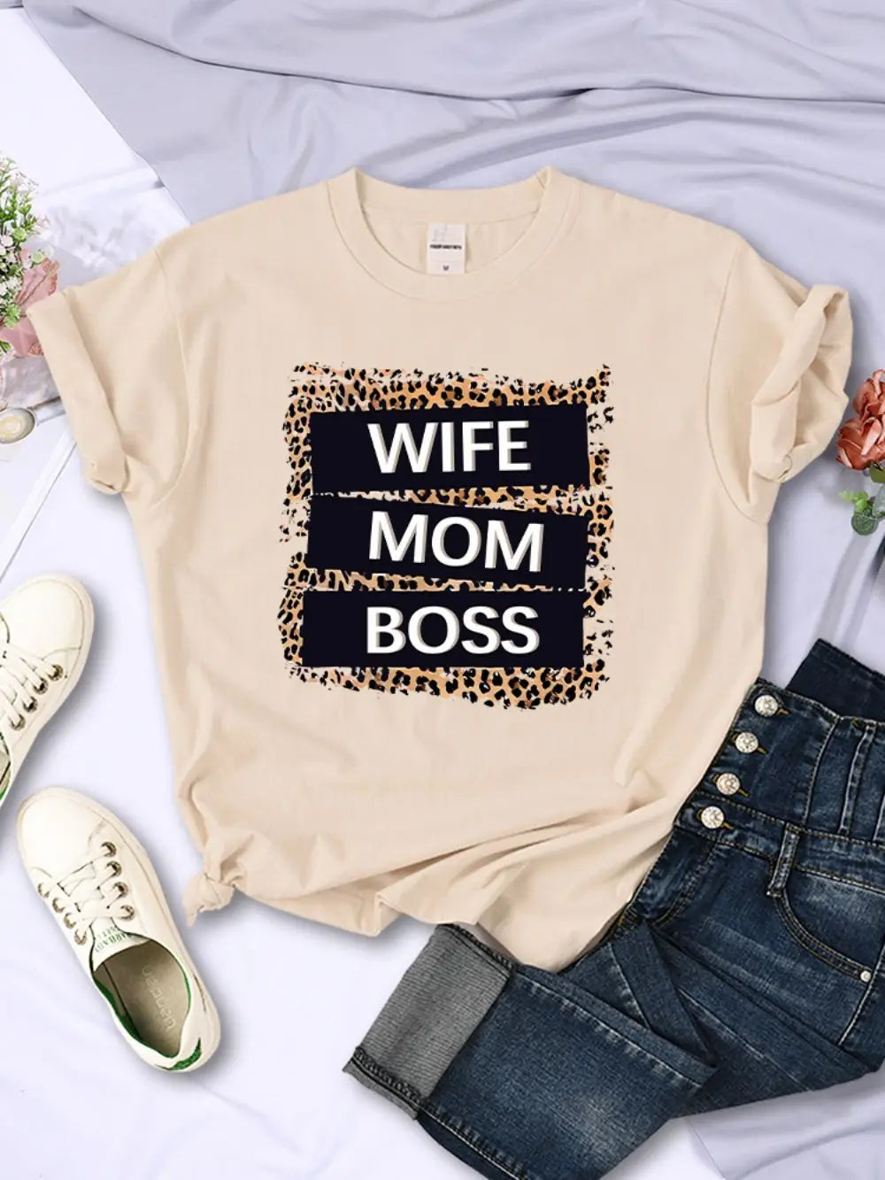Wife Mom Boss Letter Leopard Prints Tees Soft