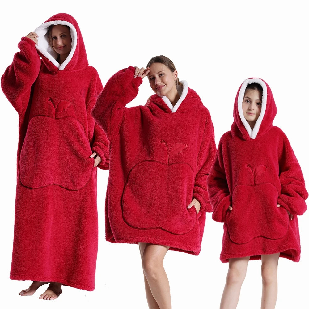 Warm Flannel Solid Apple Long Bathrobes with Oversized Hoodies