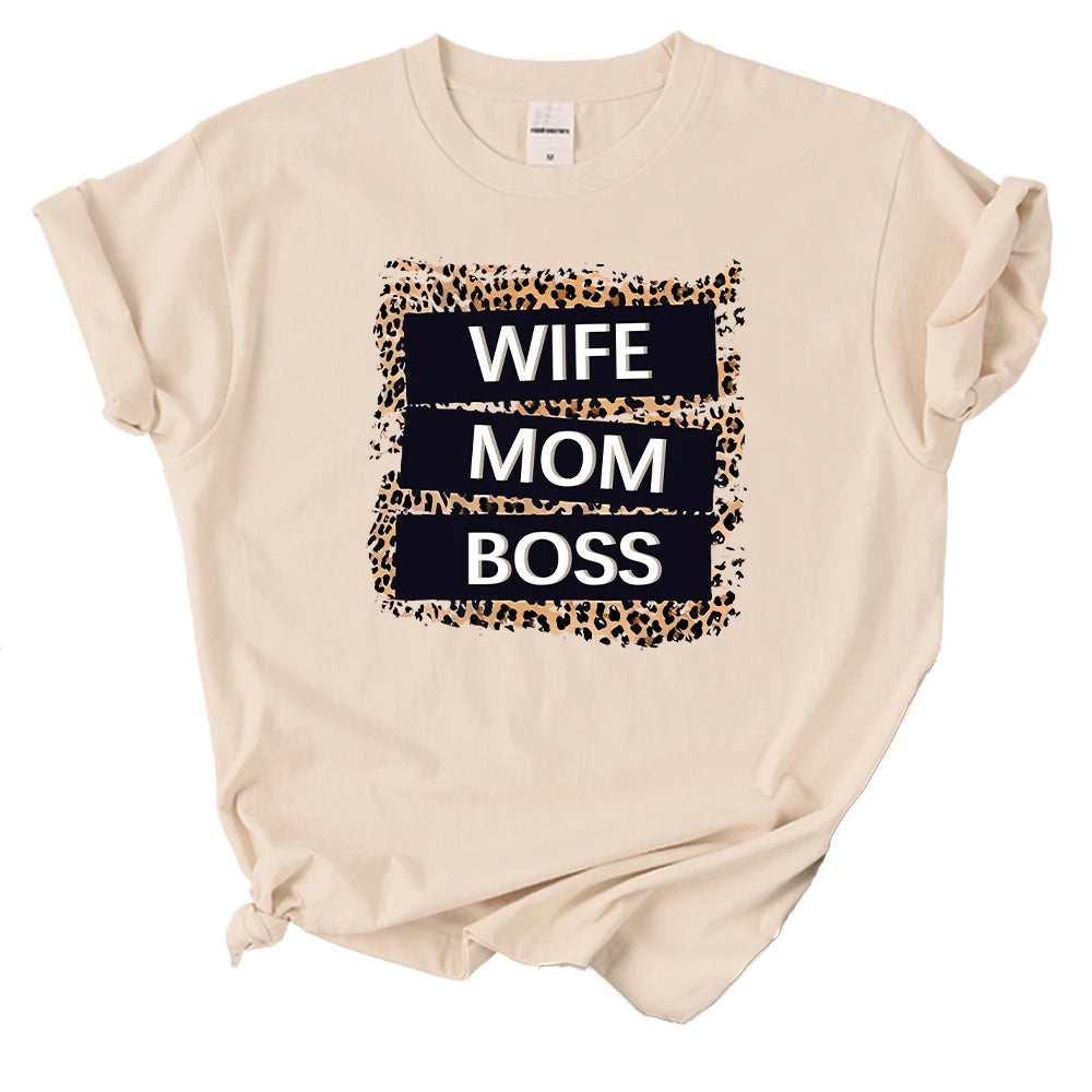 Wife Mom Boss Letter Leopard Prints Tees Soft