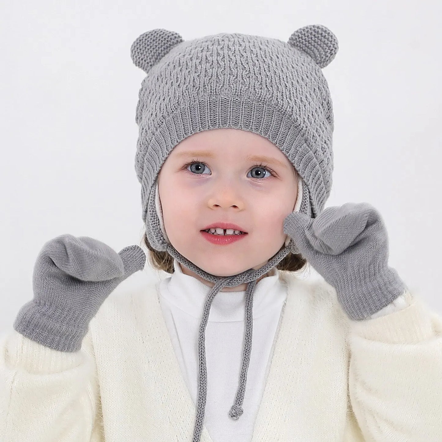 2Pcs Baby Knit Gloves Hat Set Solid Color Autumn Winter Ear Protection