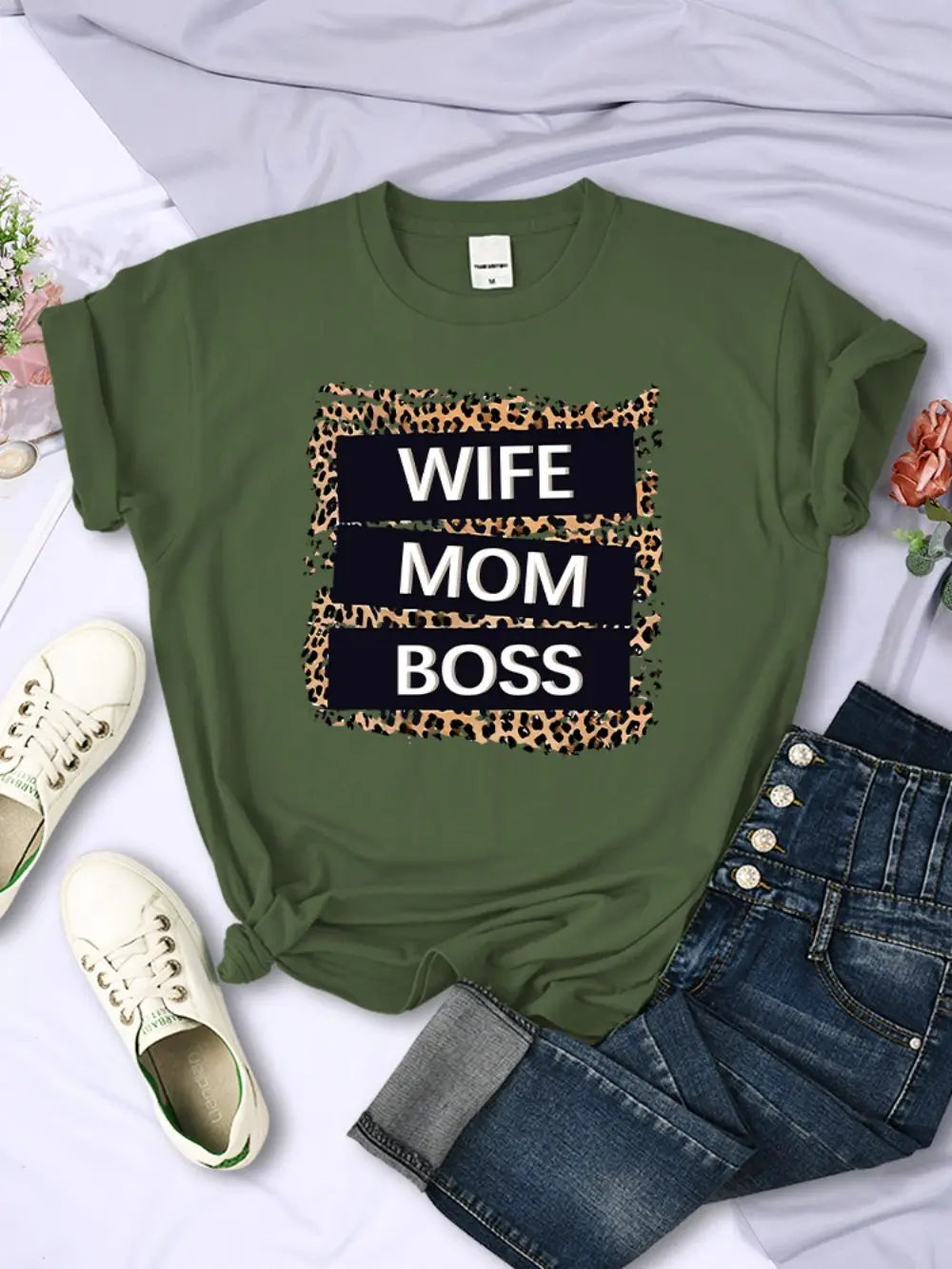 Wife Mom Boss Letter Leopard Prints Tees Soft