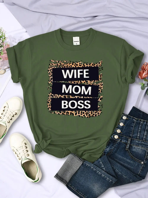Wife Mom Boss Letter Leopard Prints Tees Soft