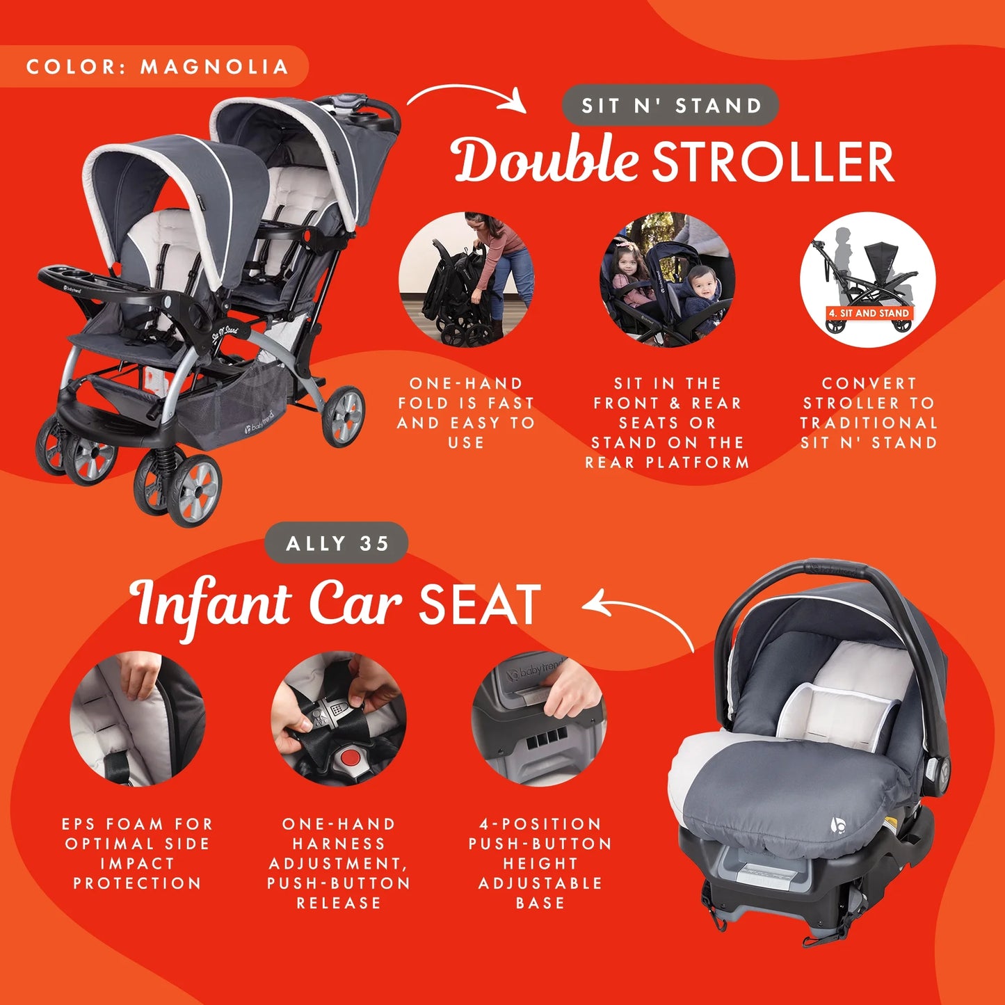Sit N Stand Travel Double Baby Stroller and Car Seat Combo