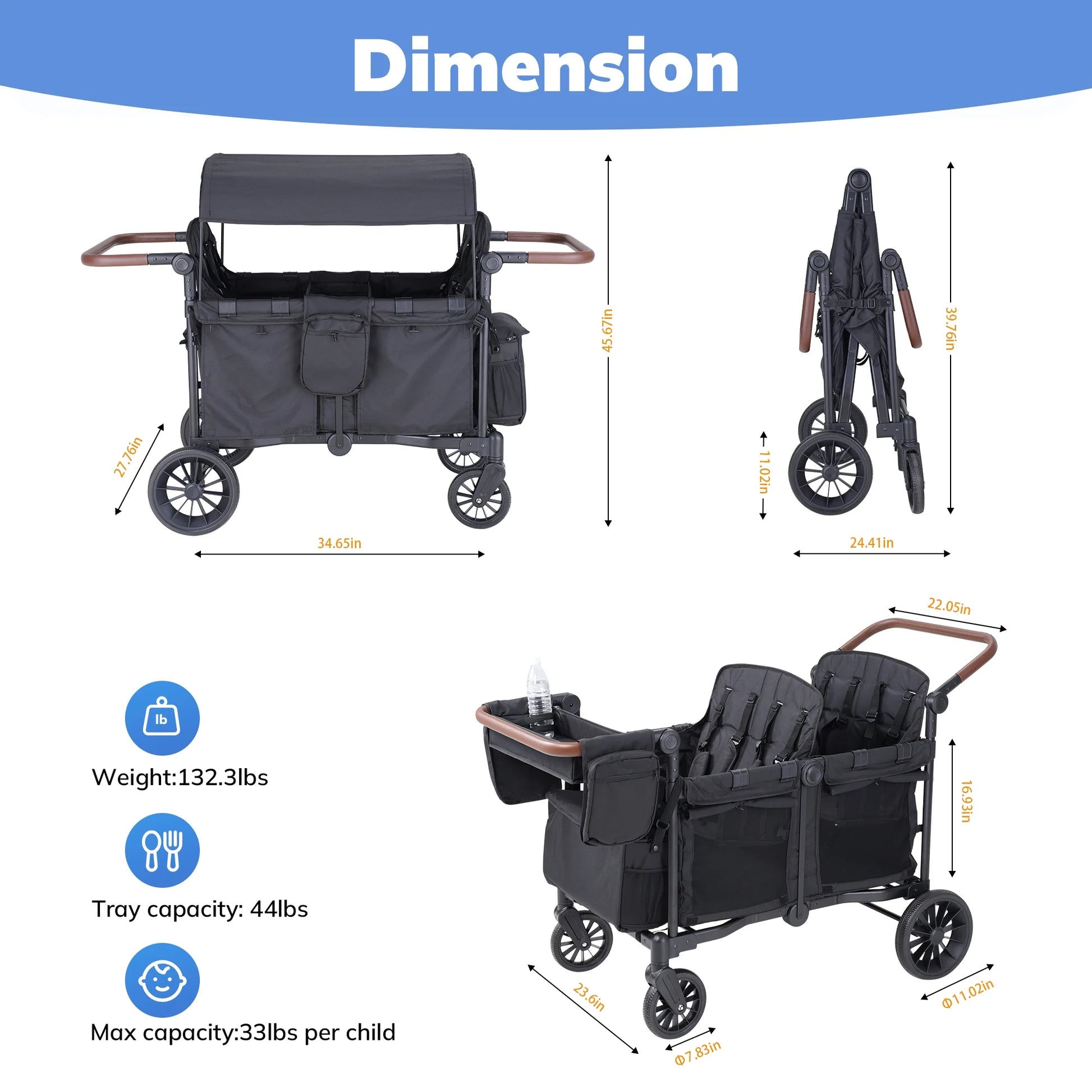 Toddler Stroller Wagon for 4 Kids with Cooler Bag, Parent Organizer,5-Point Harnesses, Black