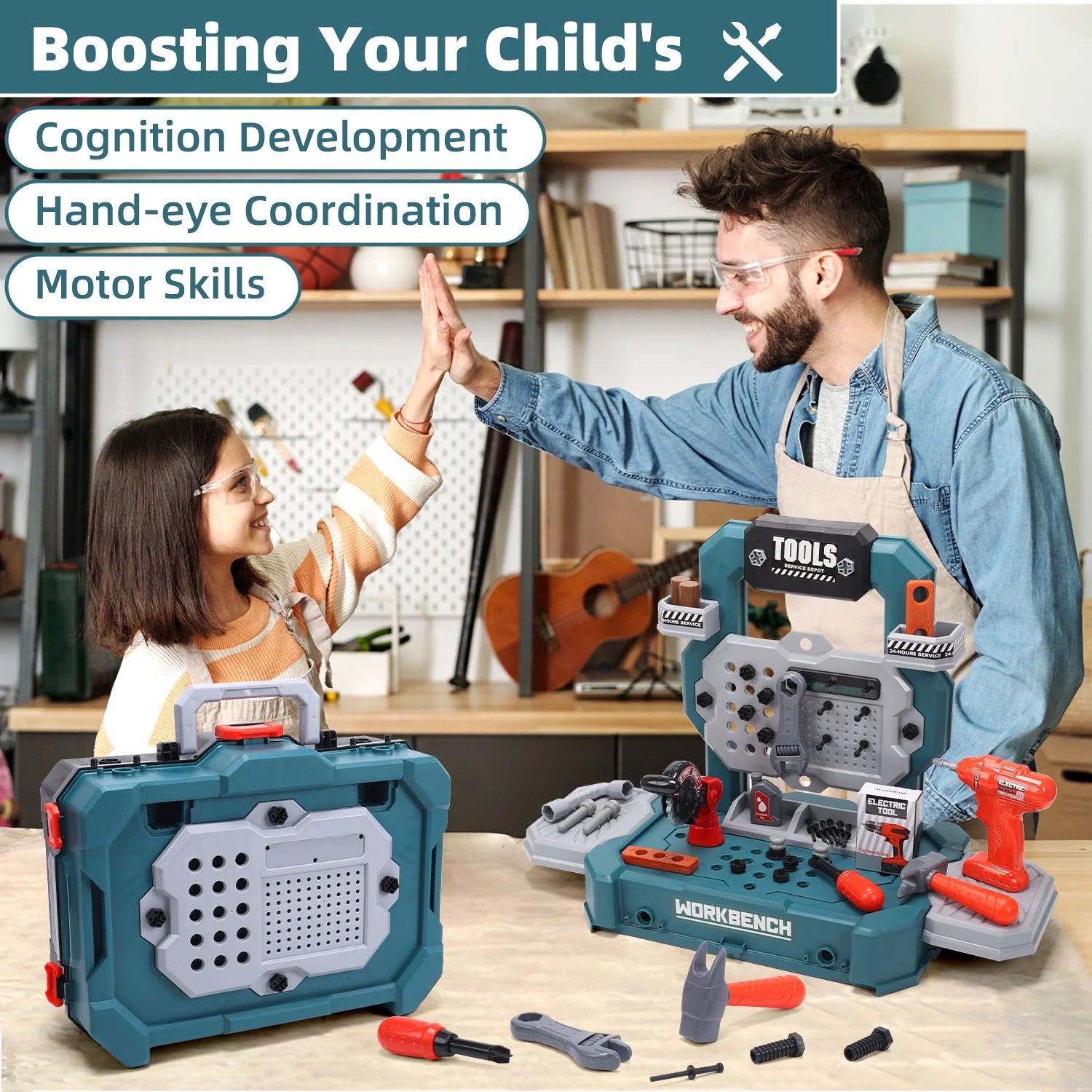 79 PCS Pretend Play Tool Bench for Kids with Tools, Electric Drill, Clothes and Transformable Tool Set, Learning Gift for Boys & Girls Age 3-8
