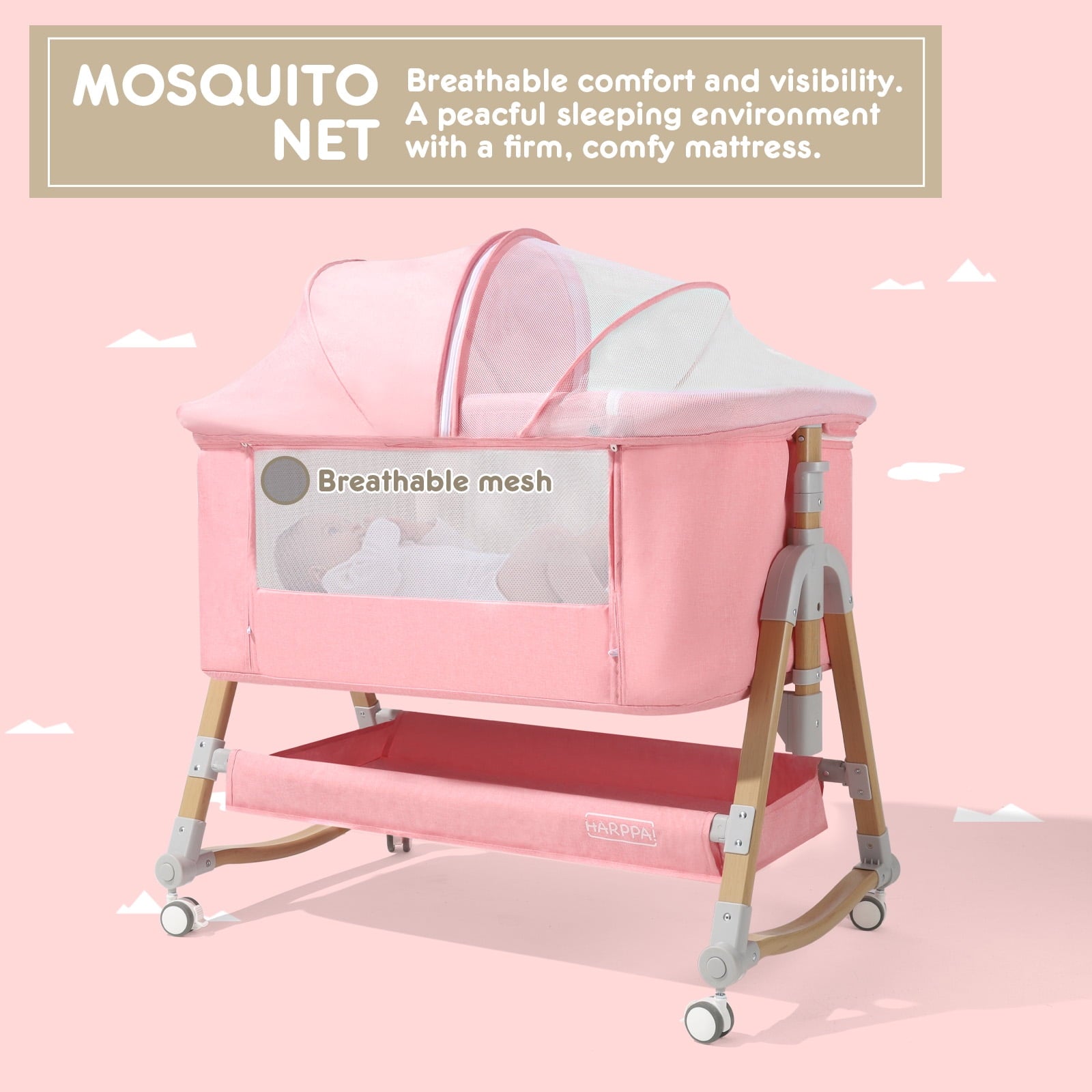 3 in 1 Baby Bassinet Bedside Sleeper for Infant Girls Aged 0-5 Months, Pink