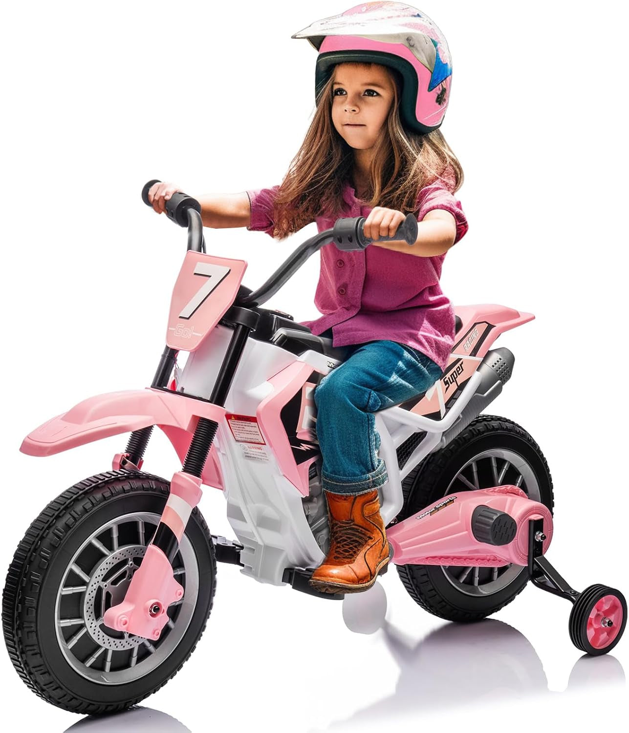12V7AH Ride on Motorcycle for Kids W/Training Wheels, Spring Suspension