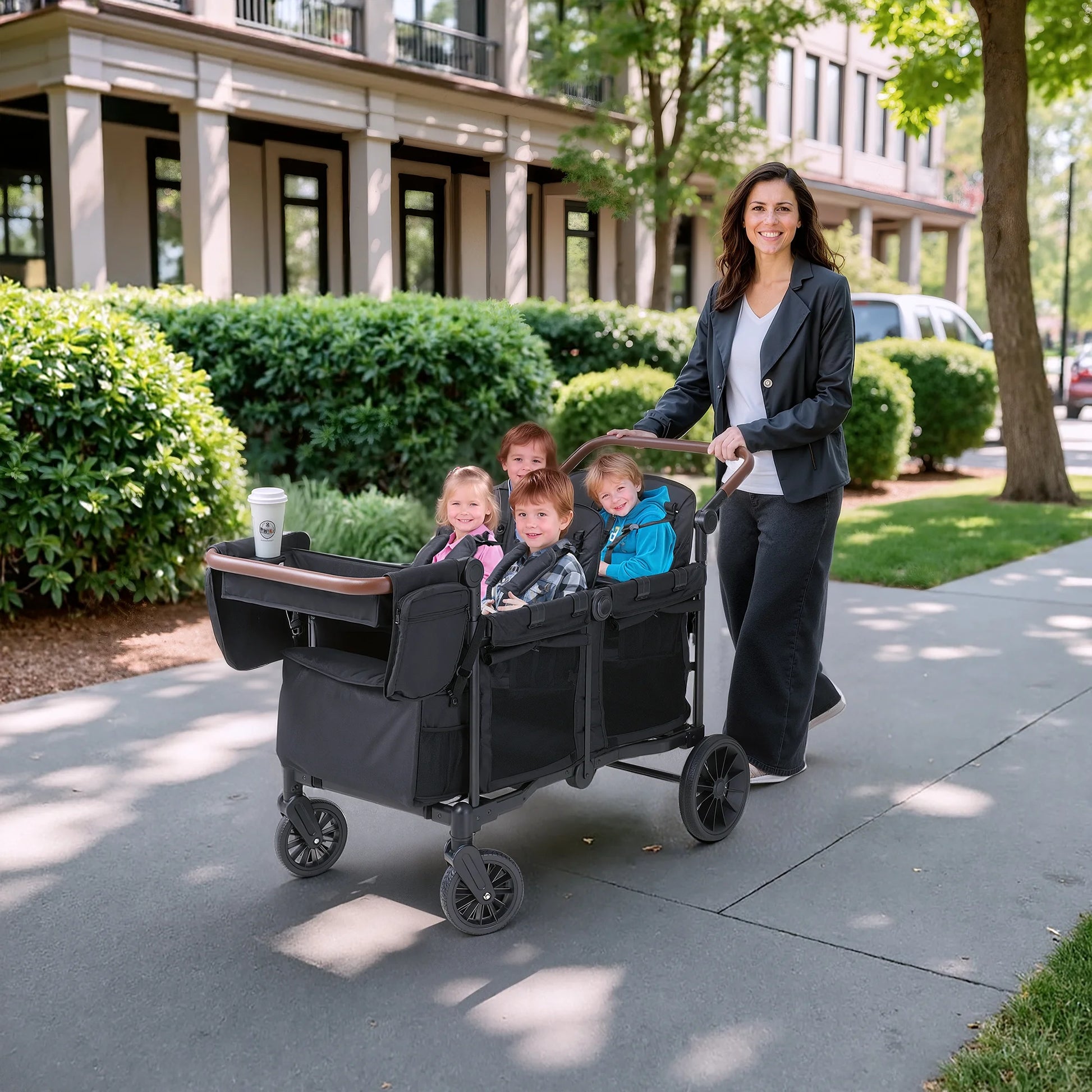 Toddler Stroller Wagon for 4 Kids with Cooler Bag, Parent Organizer,5-Point Harnesses, Black