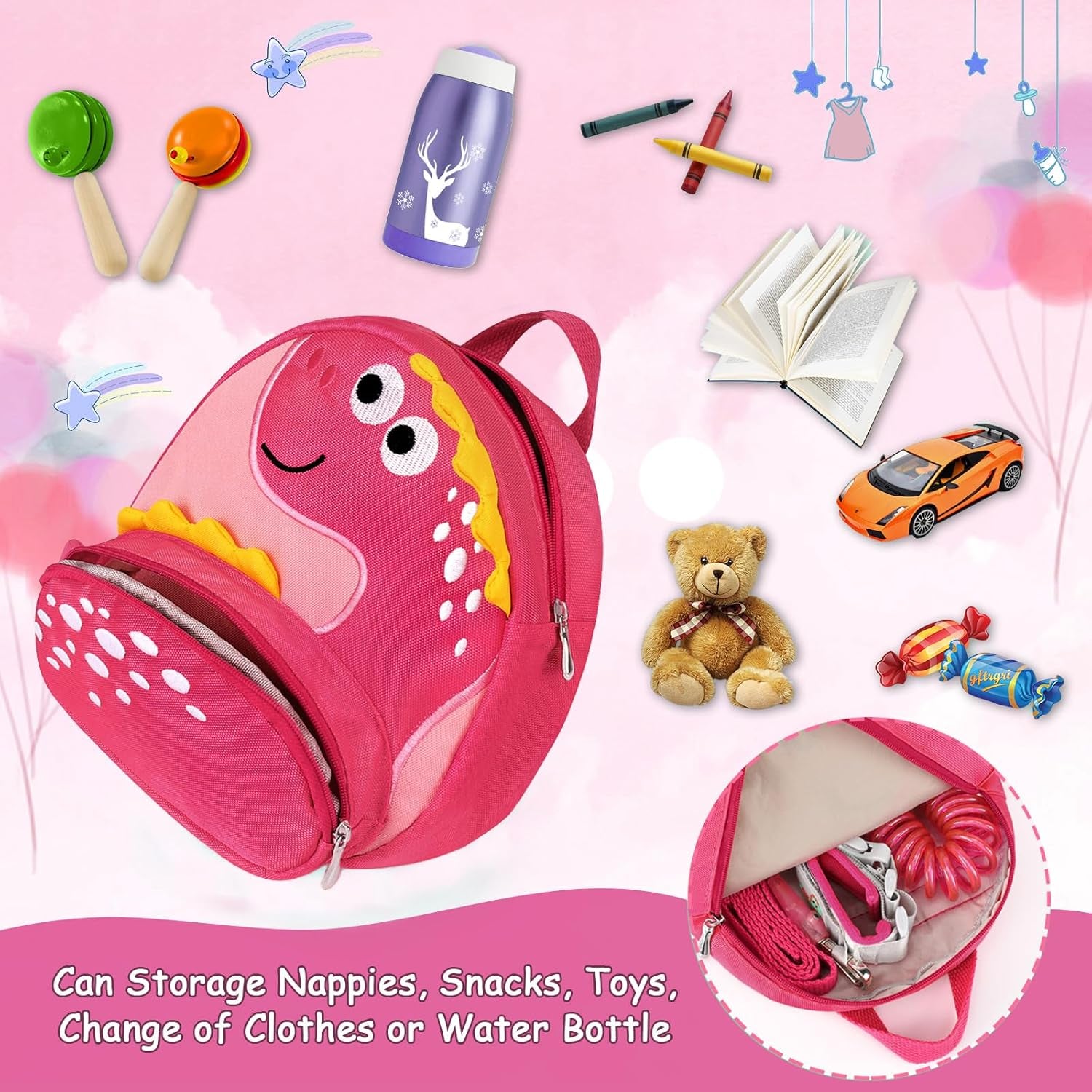  Cute Dinosaur Harnesses with Kids anti Lost Wrist Link,  Wristband Tether Strap and Protection Leashes