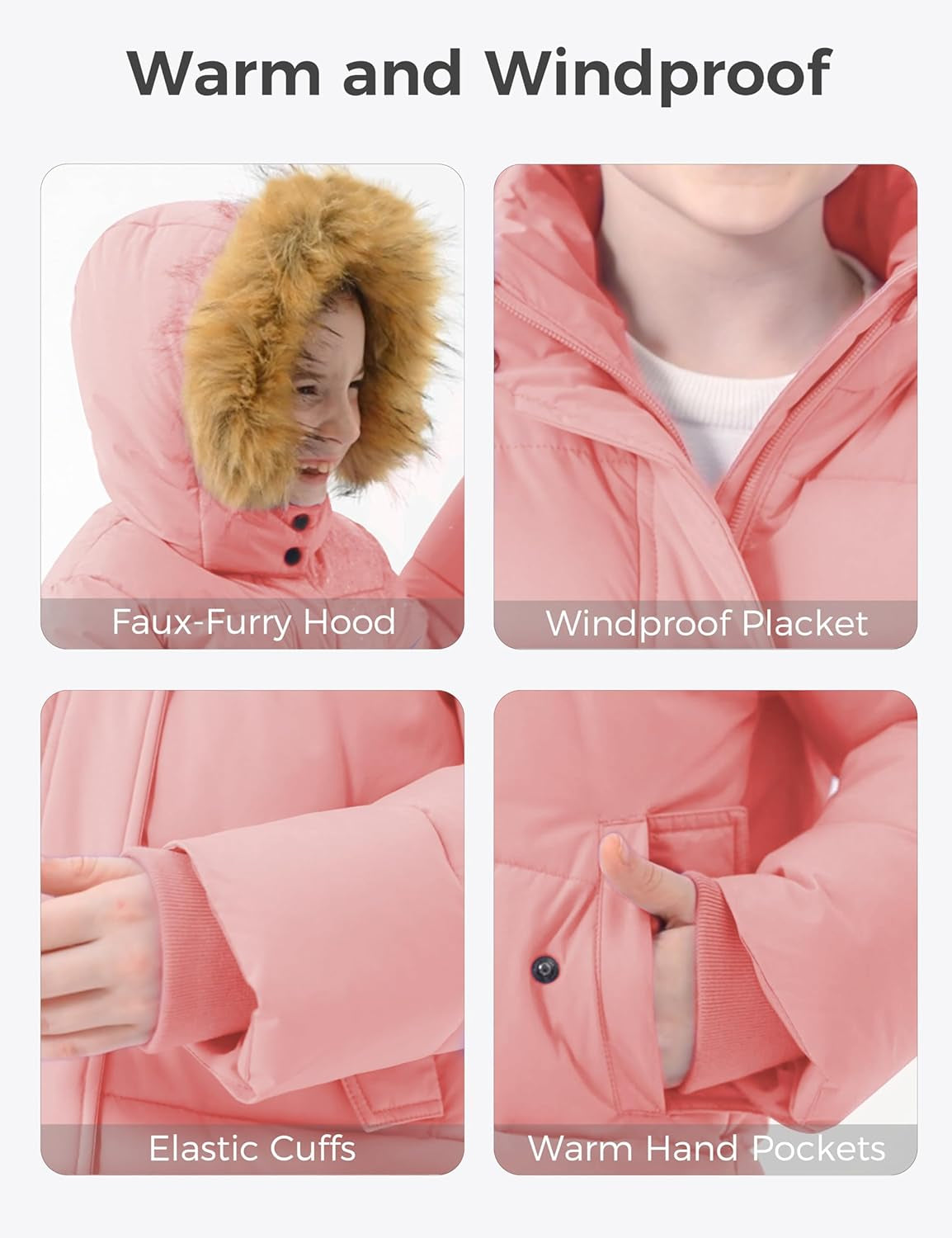 Girl'S Winter Coat Long Puffer Jacket Fleece Parka with Hood Waterproof