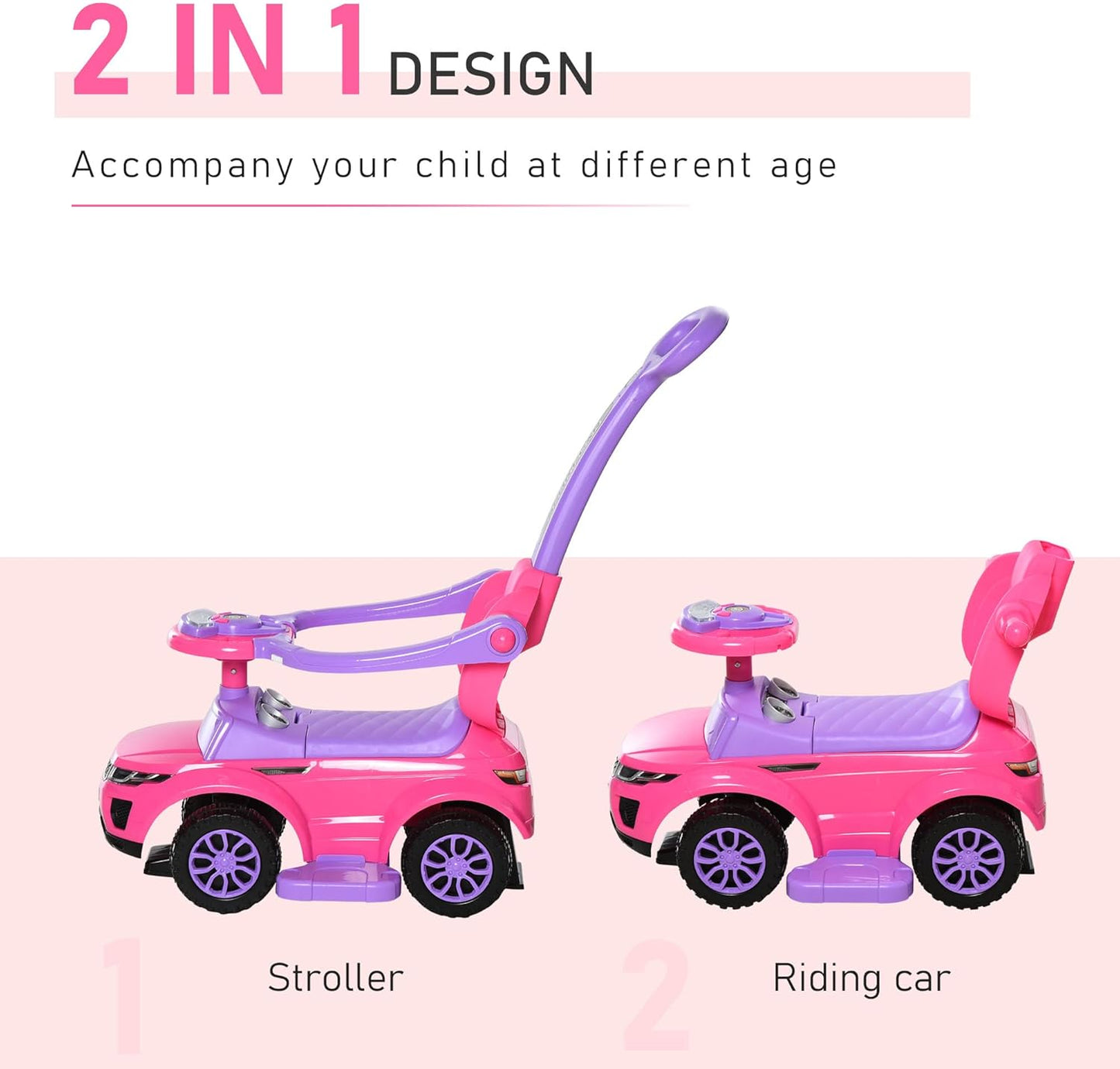 2 in 1 Toddlers Ride on Push Car Stroller with Horn, Music, and Light Function 1-3 Years