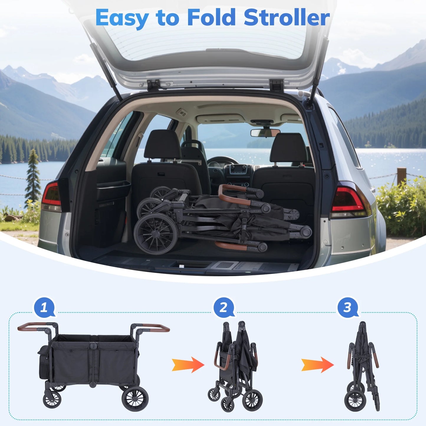 Toddler Stroller Wagon for 4 Kids with Cooler Bag, Parent Organizer,5-Point Harnesses, Black
