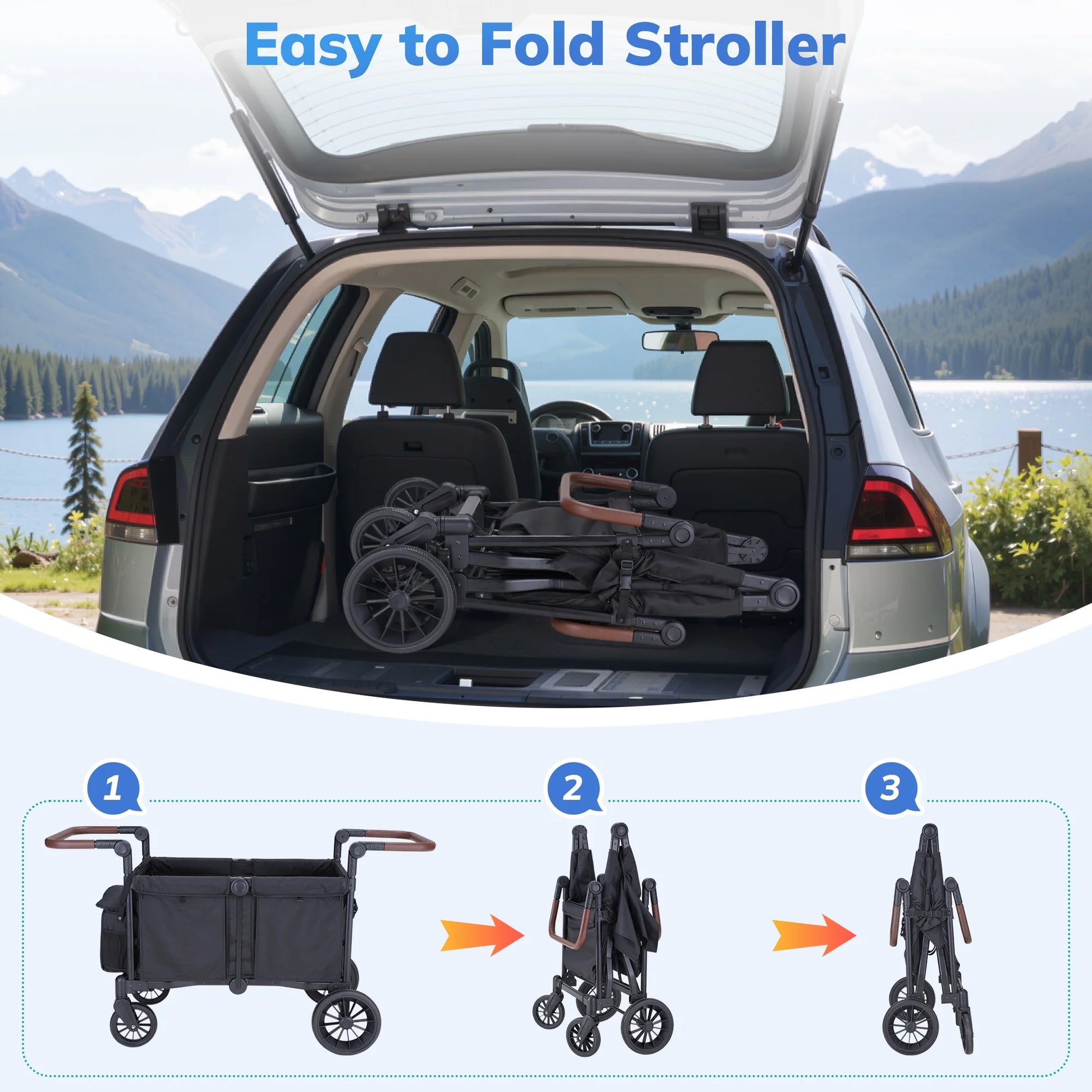 Toddler Stroller Wagon for 4 Kids with Cooler Bag, Parent Organizer,5-Point Harnesses, Black