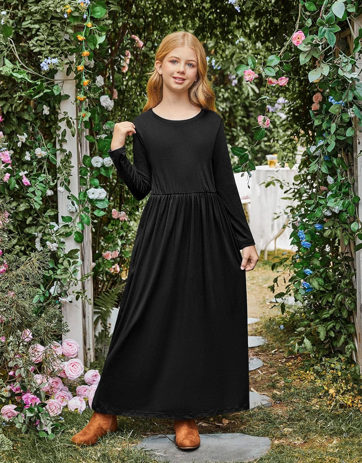 Girls Maxi Dress Solid Long Sleeve Casual Dresses with Pockets for 6-12 Years