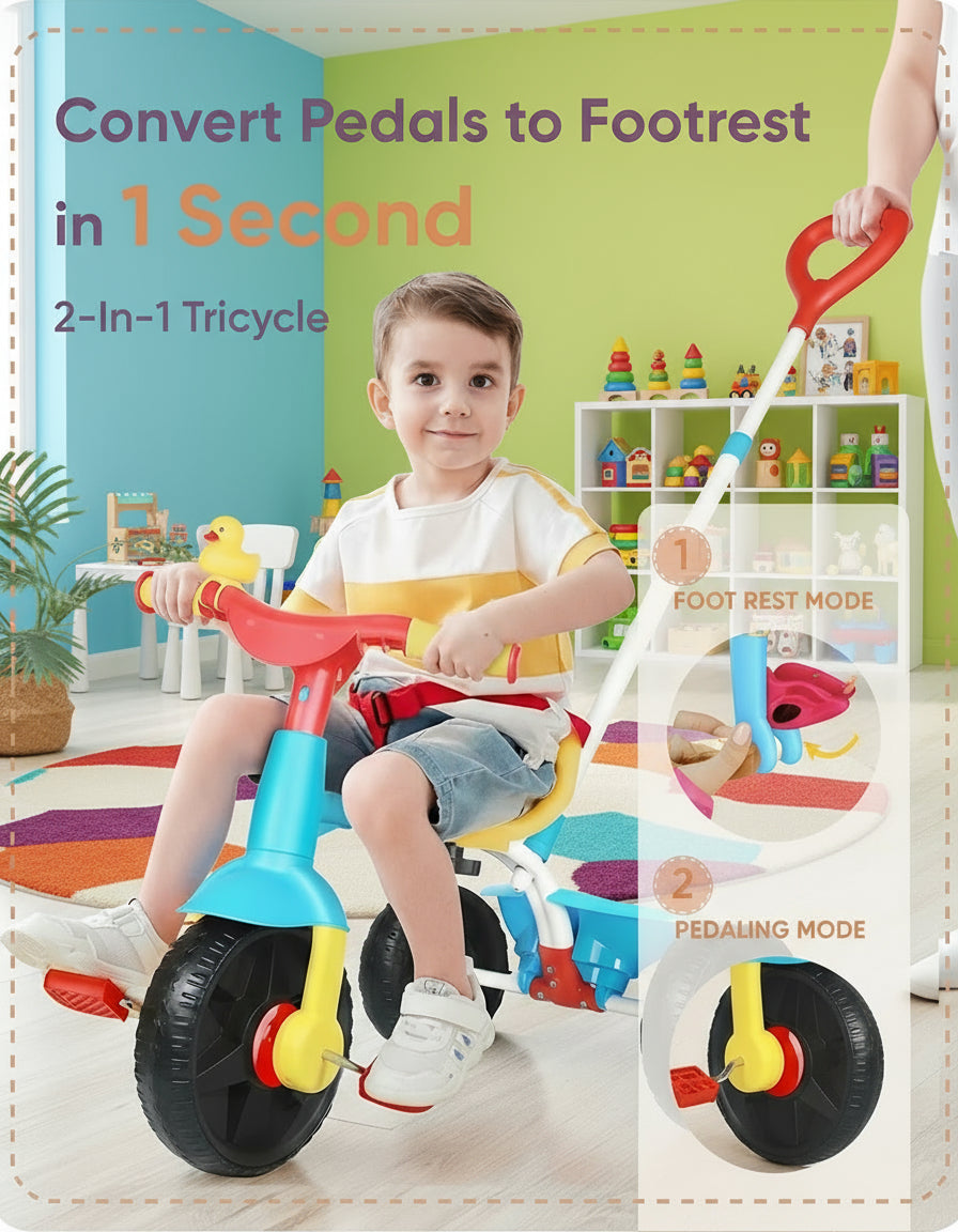 2 in 1 Kids Tricycles Age 18 Month to 3 Years with Push Handle and Duck Bell (Classic, EVA Wheel)