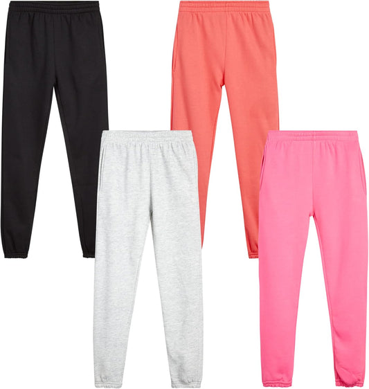 Girls Sweatpants - 4 Pack Basic Solid Active Soft Fleece Pull on Girls Joggers with Pockets (Sizes: 5-16)