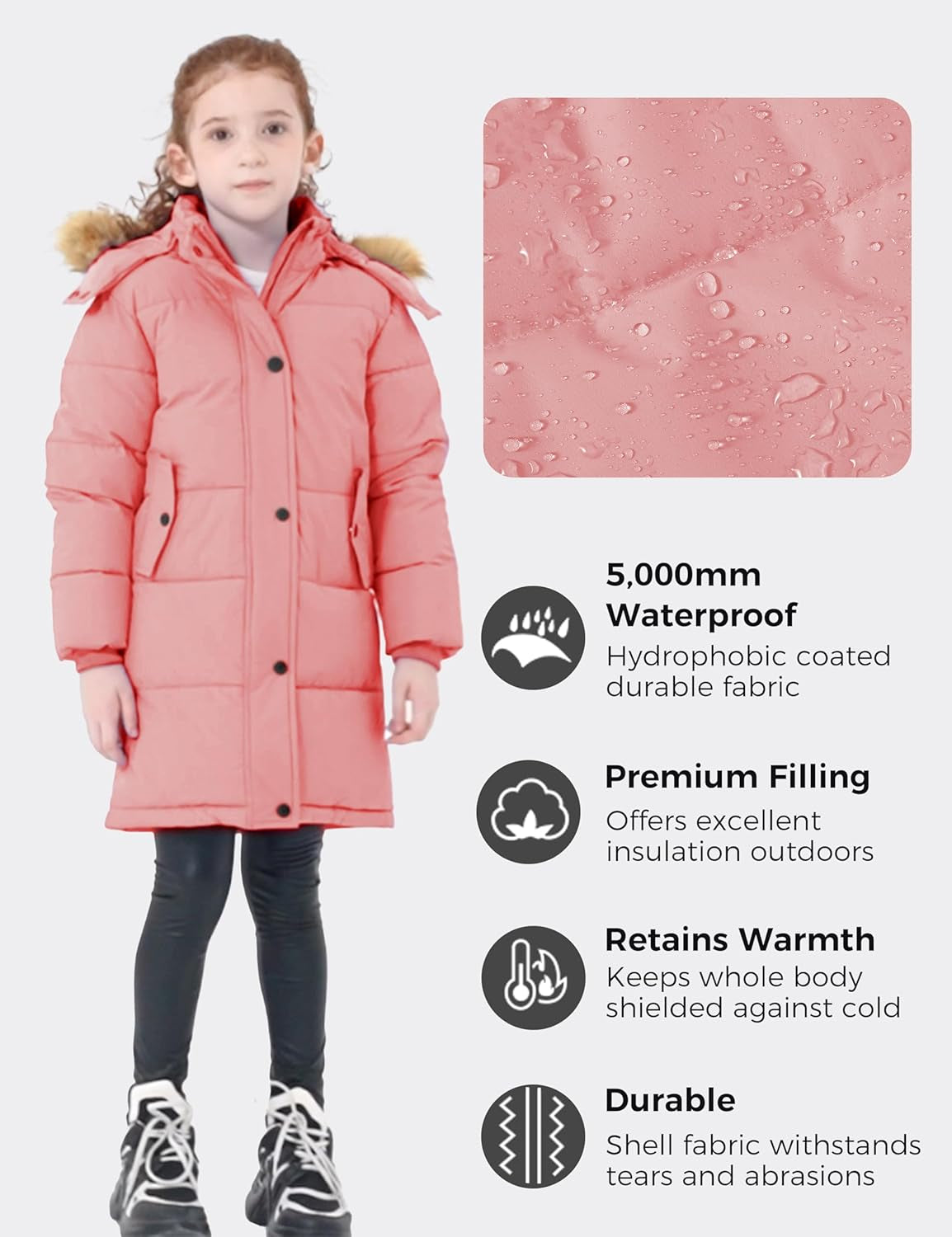 Girl'S Winter Coat Long Puffer Jacket Fleece Parka with Hood Waterproof