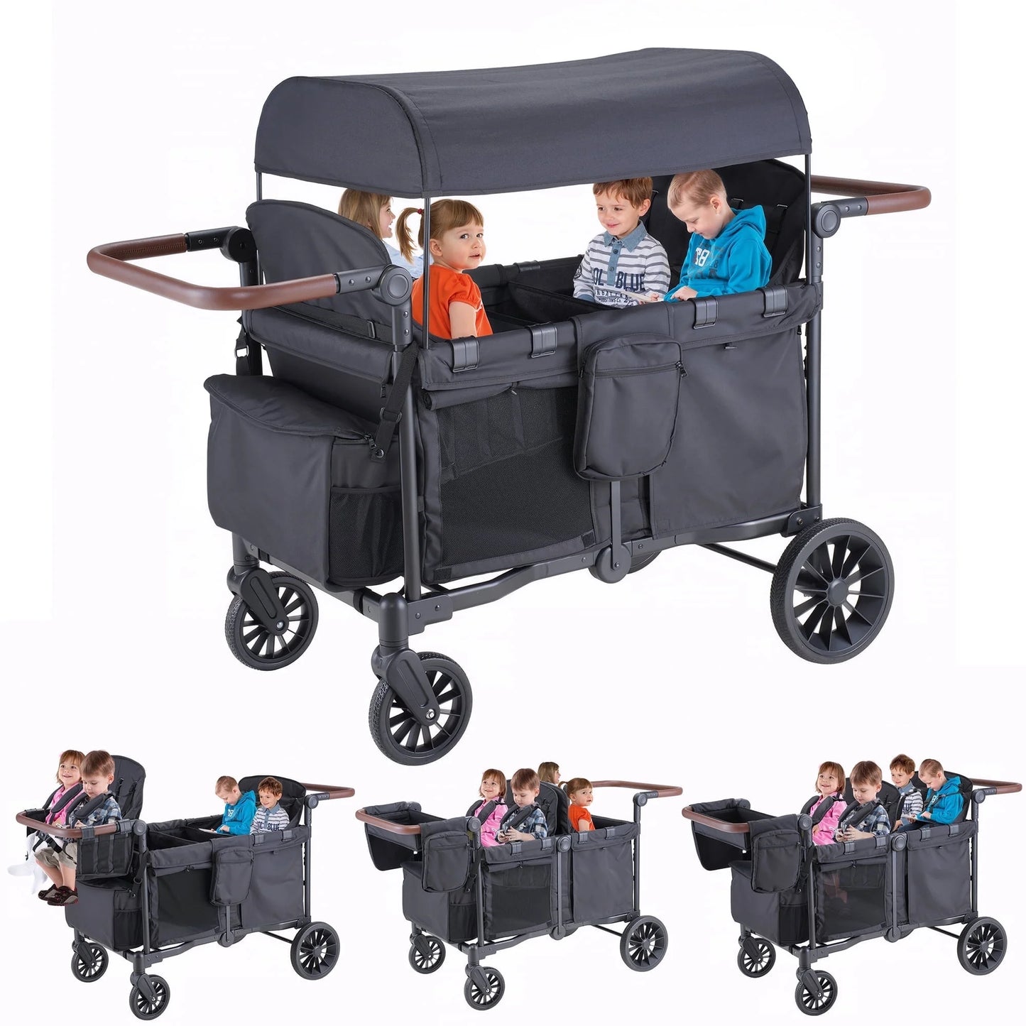 Toddler Stroller Wagon for 4 Kids with Cooler Bag, Parent Organizer,5-Point Harnesses, Black