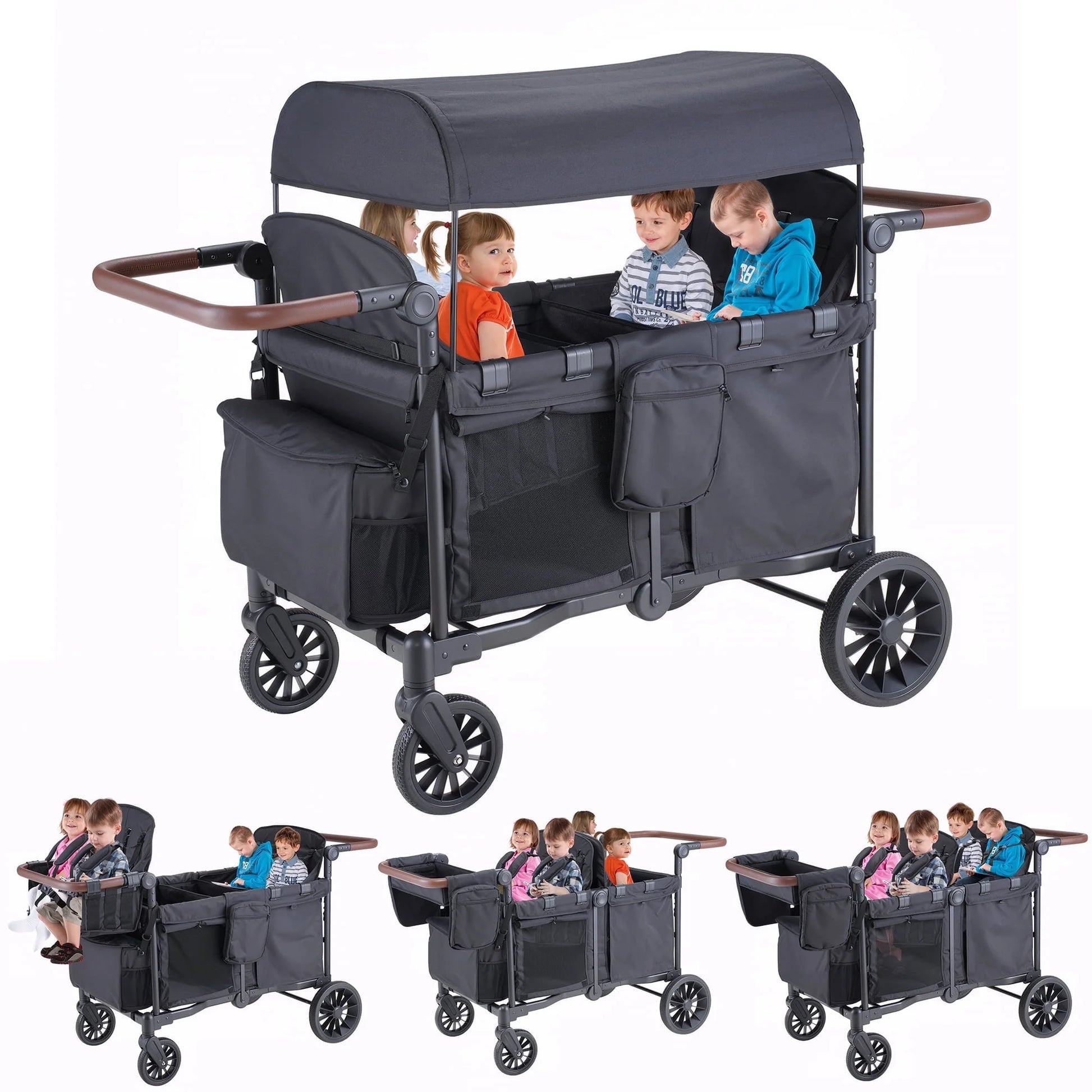 Toddler Stroller Wagon for 4 Kids with Cooler Bag, Parent Organizer,5-Point Harnesses, Black