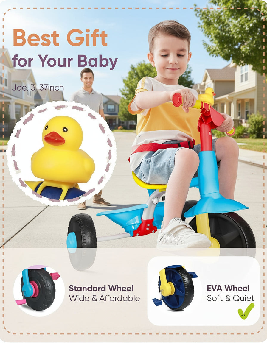 2 in 1 Kids Tricycles Age 18 Month to 3 Years with Push Handle and Duck Bell (Classic, EVA Wheel)
