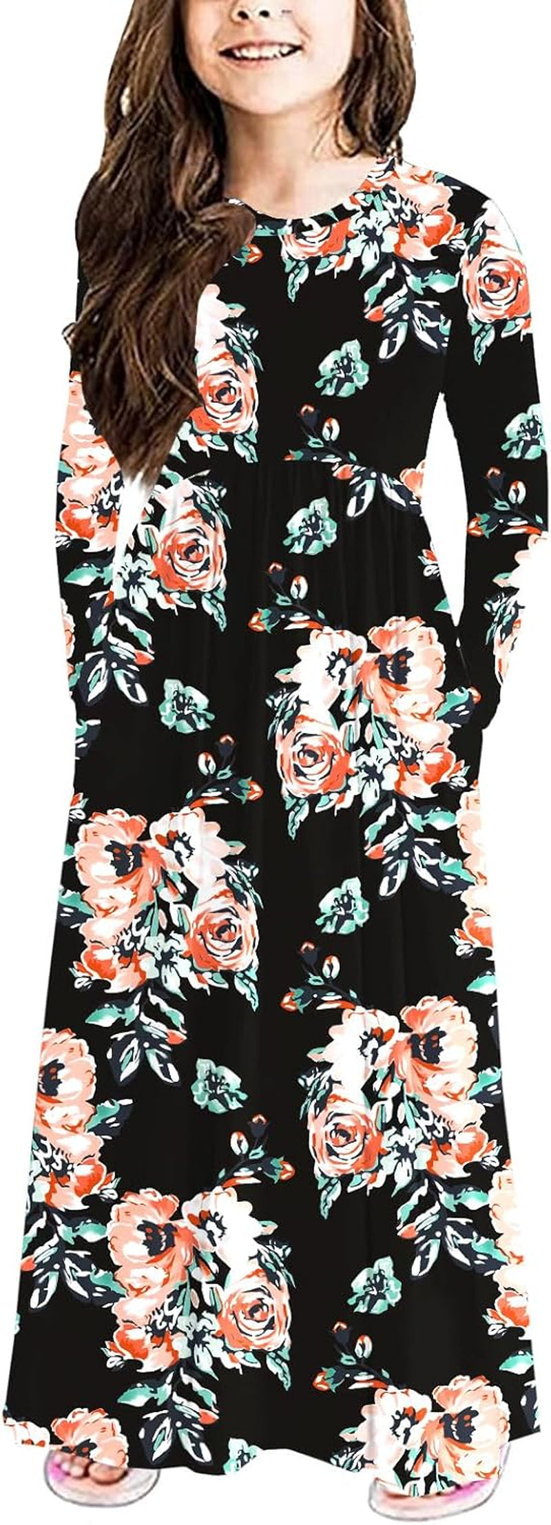 Girls Maxi Dress Solid Long Sleeve Casual Dresses with Pockets for 6-12 Years