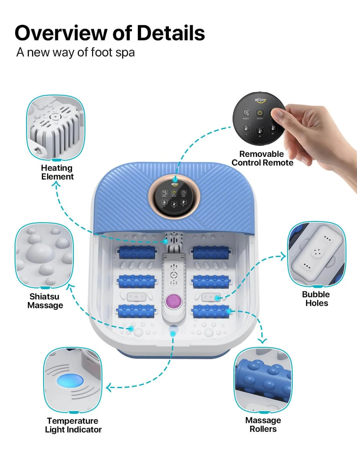 Collapsible Foot Spa Bath Massager with Heat, Remote Control, Temperature Control, Bubbles, Pumice Stone, Timer