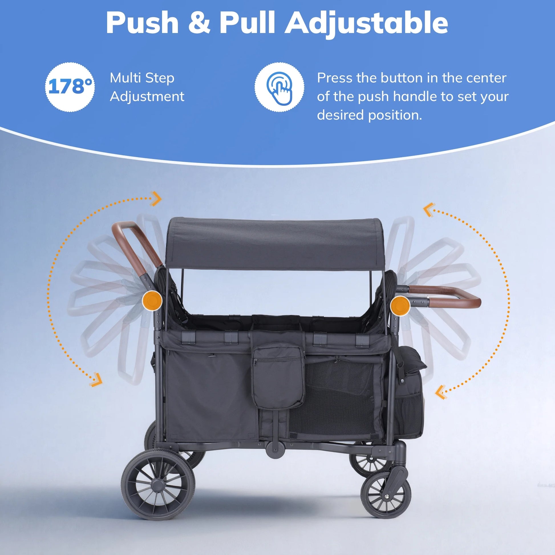 Toddler Stroller Wagon for 4 Kids with Cooler Bag, Parent Organizer,5-Point Harnesses, Black